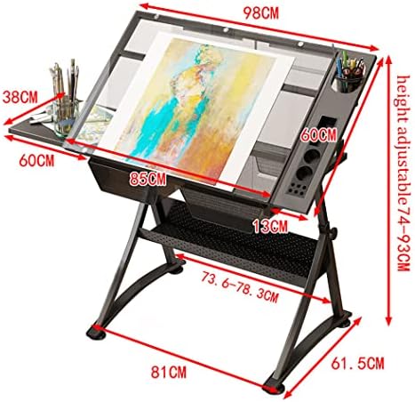 Drawing Tilting Tablet,Drafting Desk, Drafting Table for Artists, Height Adjustable Glass Writing Desk with Stool, Tiltable Drawing Table Craft/Art Desk, 2 Storage Drawer, P