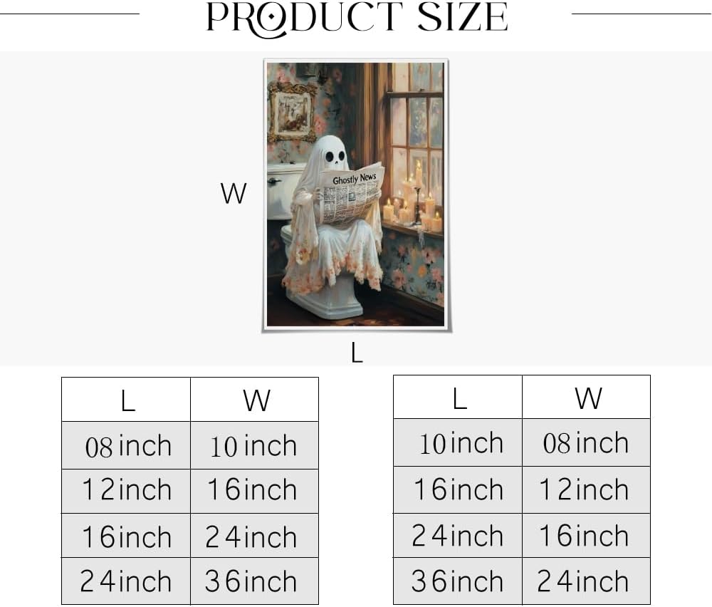 Funny Halloween Ghost Bathroom Wall Art Ghost Reading Newspaper on Toilet Canvas Poster Whimsical Dark Academia Pictures Print for Goth Home bathroom Toilet Decor Aesthetic 12x16inch Unframed