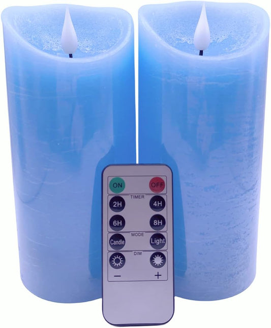Adoria Blue Flameless Candles Large Set of 2- Real Wax Pillar Candles with Realistic 3D Flame-Ocean Scented-Dia 3.15x 7 Inch,Remote/Timer/Brightness Control,Well for Home Decor. Party, Camping
