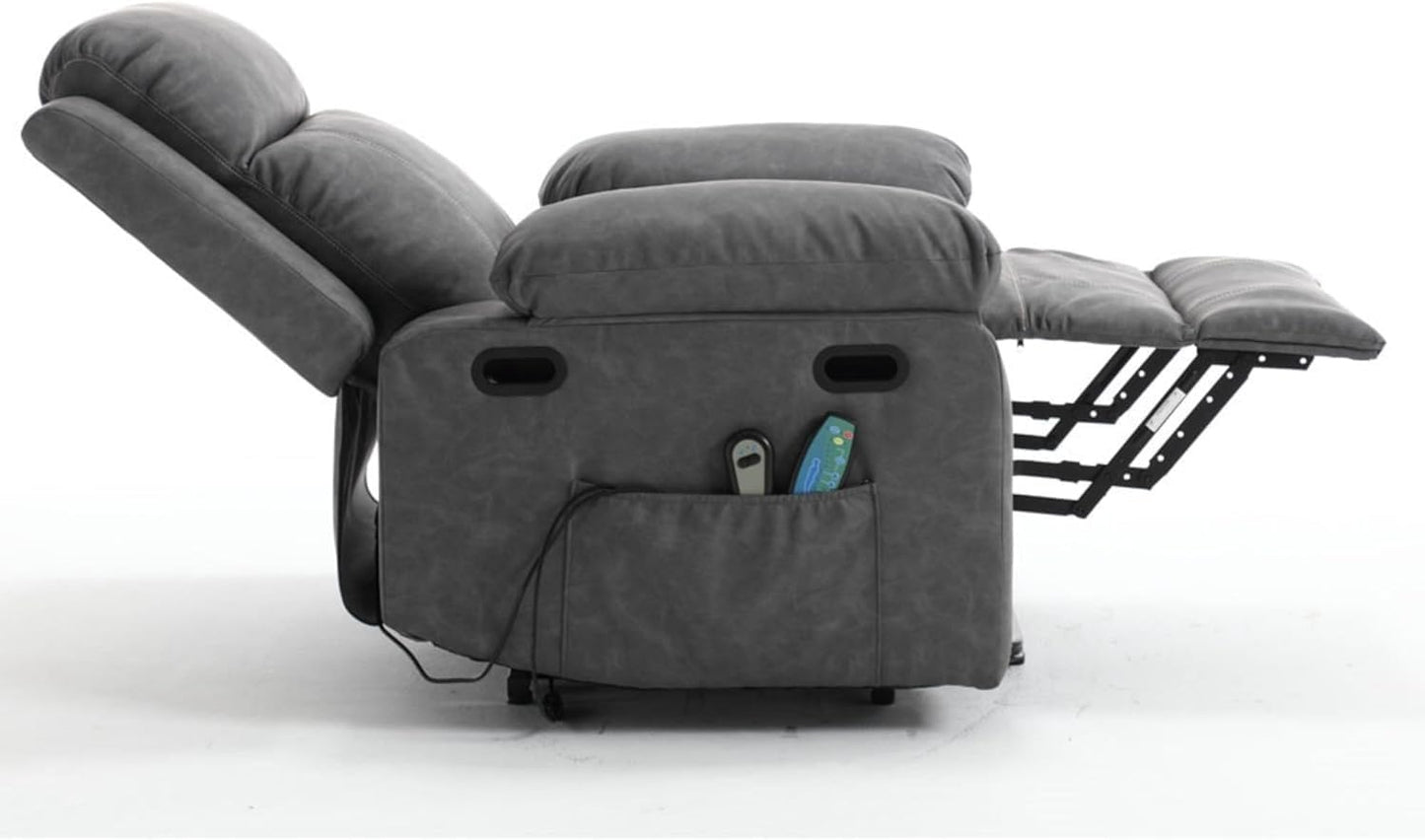 Power Lift Recliner Chair for Elderly, Electric Massage Sofa with Lumbar Heat, Remote Control, Cupholders and USB Ports, Gray Leather Furniture for Living Room