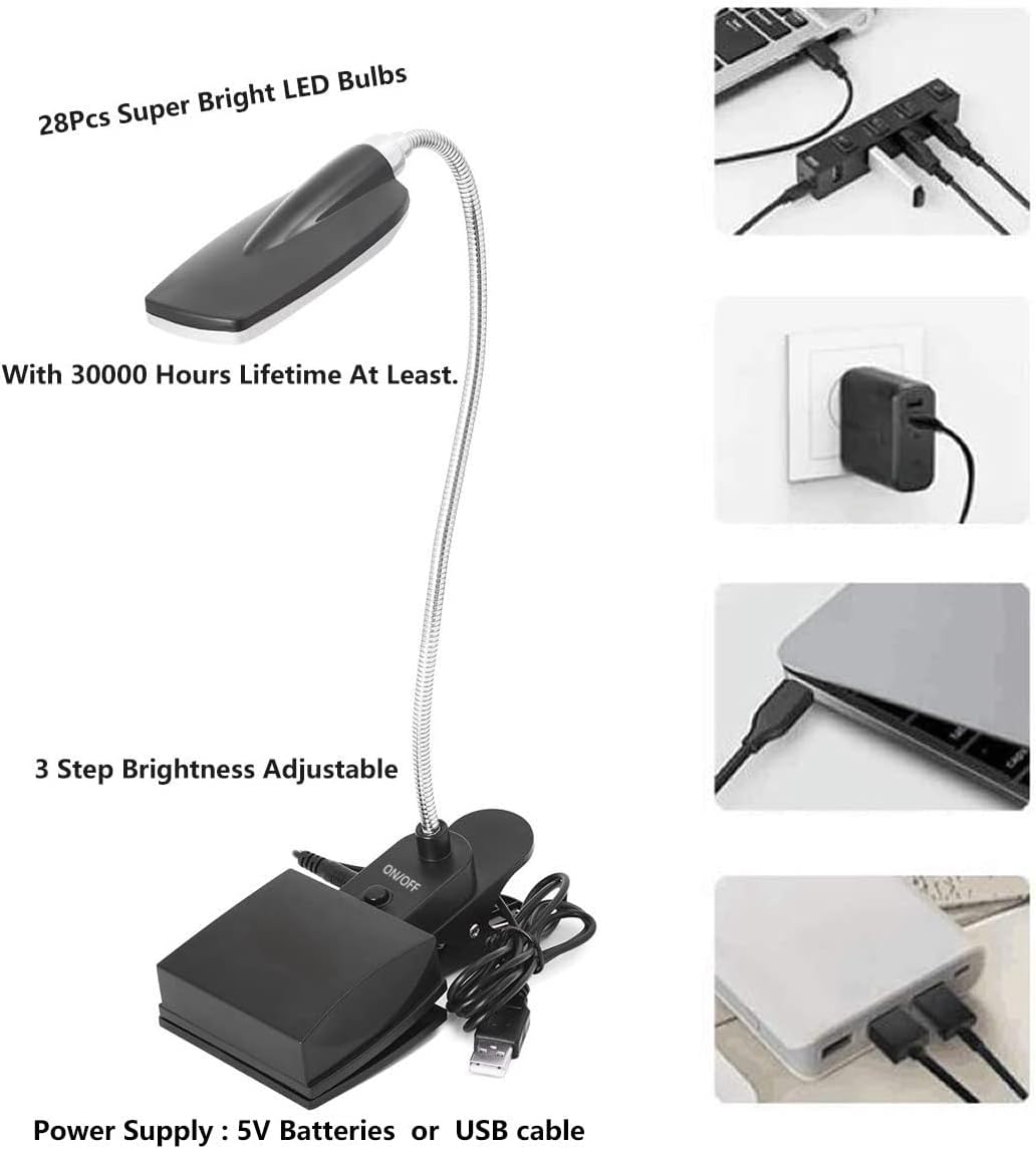 RicoRich Book Light for Reading in Bed,Clip on LED Book Lights, USB/DC and AA Battery Operated Portable Desk Lamp,3 Brightness Levels for Bookworms,Kids,Piano Player,Camping,Travel (Black)