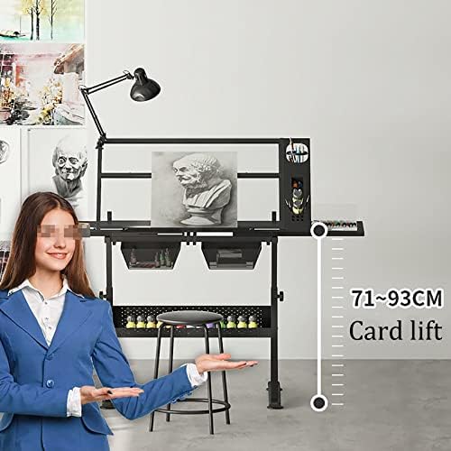 Drawing Tilting Tablet,Drawing Table Glass Drafting Table with Stool, Drawing Desk Art Table 2 Storage Drawers 71-93CM Height Adjustable 0-50° Tilting