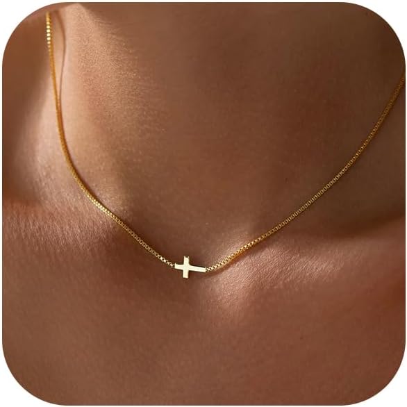 Cross Necklace for Women 14K Gold Silver Plated Dainty Small Cross Pendant Choker Simple Trendy Cute Cross Charm Chain Necklace Easter Basket Stuffers Baptism Religious Faith Jewelry Gift