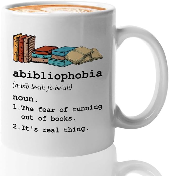 Reading Coffee Mug 11oz White - Abibliophobia Definition - Reader Gift Bookworm Owl Lover Cat Lover Book Lover Novelist Librarian Writer