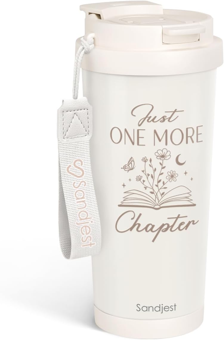 SANDJEST Book Lover Stainless Steel 2-in-1 Lid Coffee Tumbler 18 oz, Just One More Chapter Insulated Travel Mug Gift for Women Girls Friends Bookworm, Gift Idea for Birthday Christmas