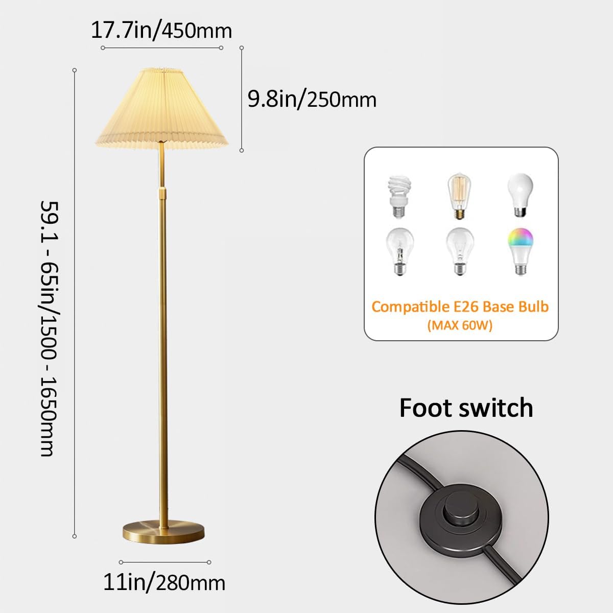 Modern Floor Lamp for Living Room Adjustable Height Standing Lamp with Linen Lampshade 3 Color Temperatures Gold Brass Tall Pole Light Luxury Floor Lamps for Reading Bedroom Office