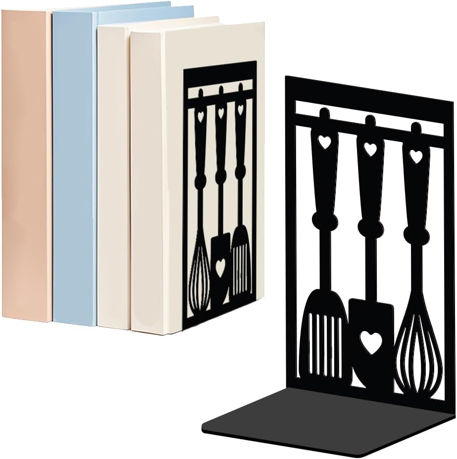WADORN Kitchen Book Ends, Heavy Duty Decorative Book Ends for Shelves Metal Bookends Stopper Holder Stand Black Non-Skid Book End for Cookbook Cooking Lover Gifts for Desk Bookshelf Office Home