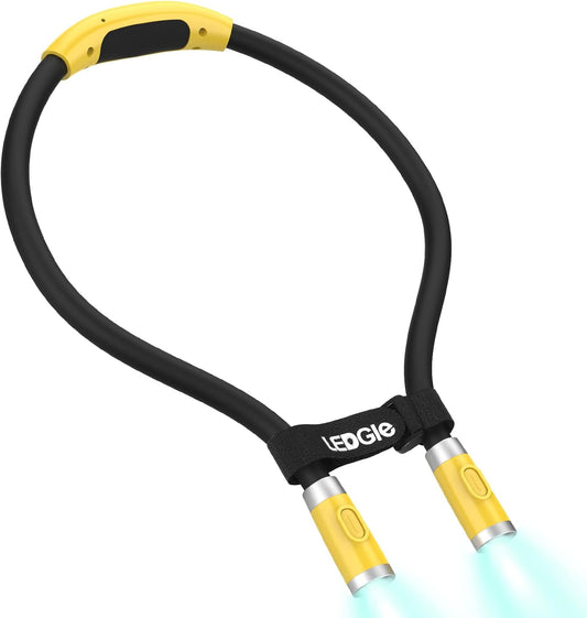 LEDGLE LED Neck Light for Reading Rechargeable Neck Flashlight for Knitting, 3 Adjustable Brightness, Flexible Soft Silicone Arms - for Reading Knitting Crocheting Camping Repairing (Yellow)