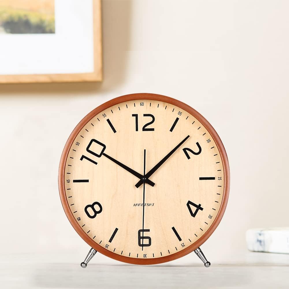 8 Inch Desk Clocks Wood Silent Non-Ticking Battery Operated Analog Table Clock Round Sweep Quartz Wall Clocks for Kids Living Room Bedroom Bedside Large Numerals Decor KSZ828 Brown