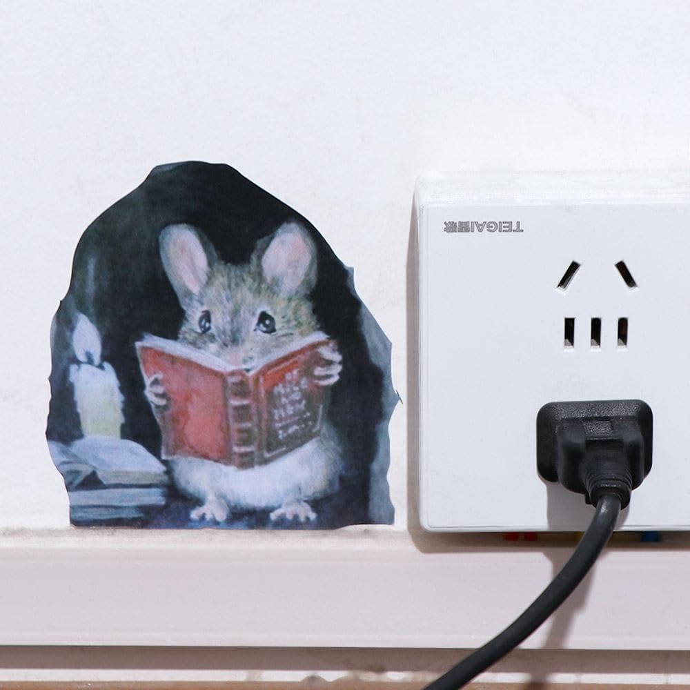 Mouse Reading Book in Wall 3D Sticker Decal, Funny Cartoon Mouse Hole Wall Stickers Mouse Find Cheese for Corner Stairs Home Decor PVC Vinyl Wallpaper for Living Room Decoration, 5pcs