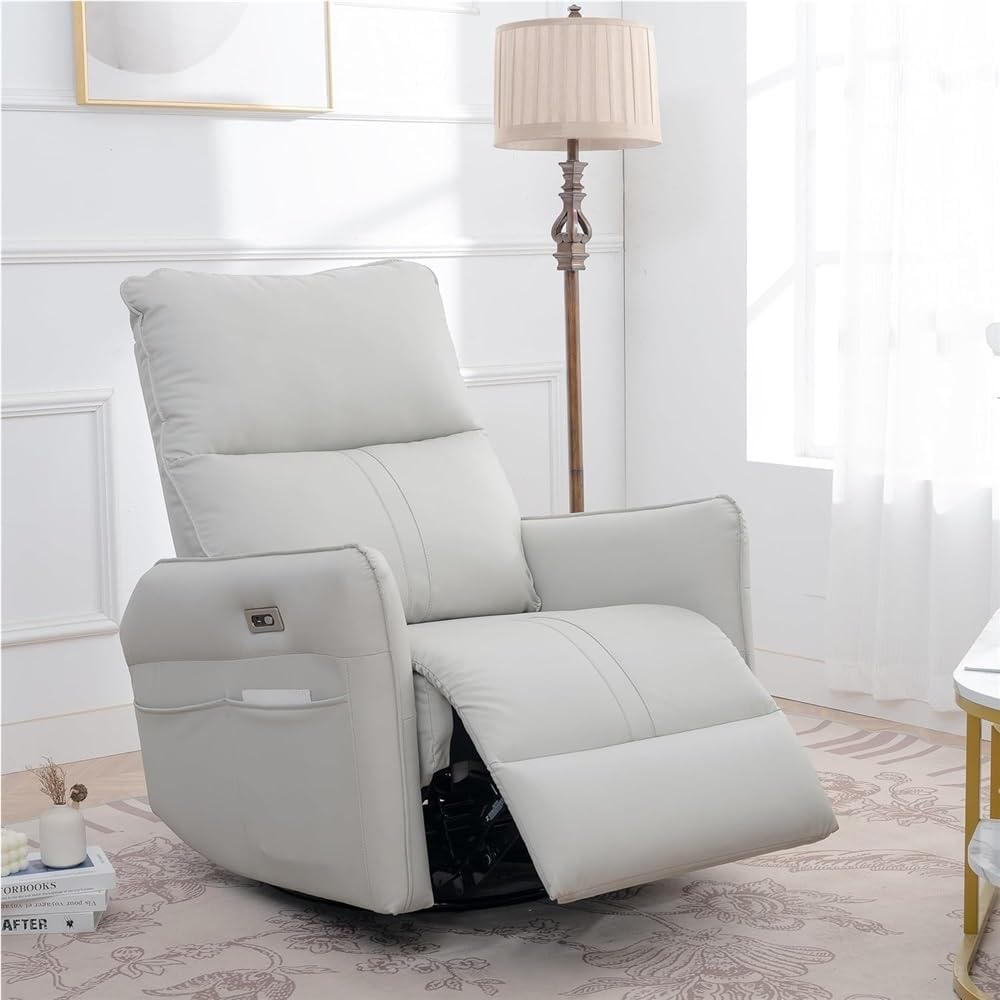 Oversized Power Swivel Glider Rocker Recliner, Electric Nursery Glider Chair with USB Ports, Modern Leather Home Theater Seating for Living Room, Comfort Lazy Sofa