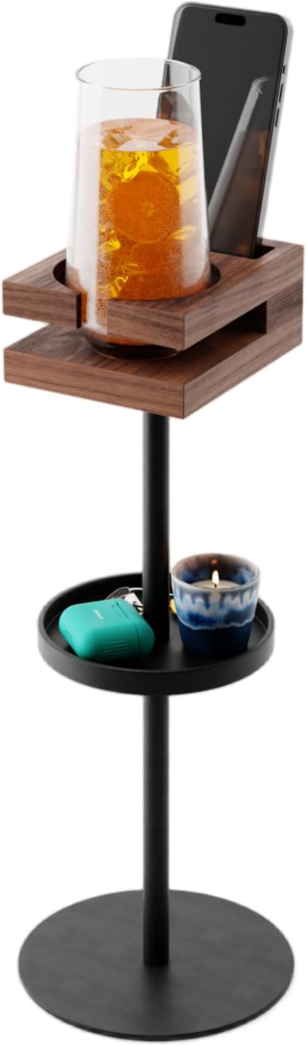 Drink Table for Small Spaces - Slim Pedestal Side Table with Real Wood Top & Stable Base for Coffee & Cocktails - Ideal for Tight Living Room & Bedroom Spaces (Walnut)