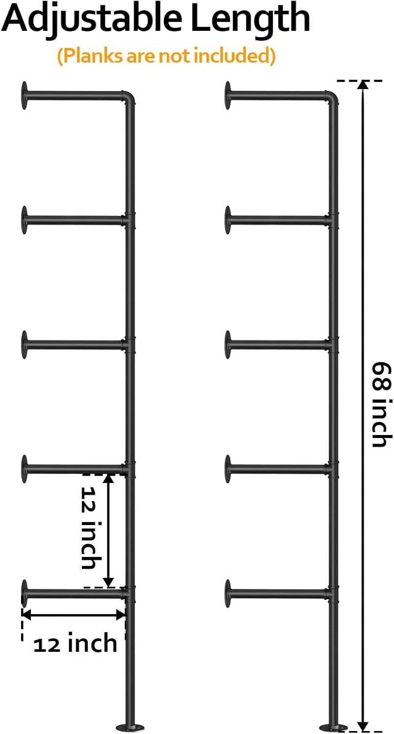 Industrial Iron Pipe Shelf Wall Mount, Farmhouse DIY Open Bookshelf, Pipe Shelves for Kitchen Bathroom, bookcases Living Room Storage, 2Pack of 5 Tier