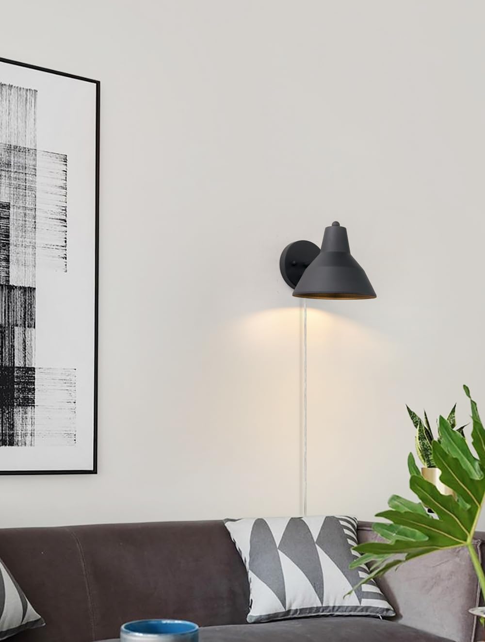 Yosoan Plug in Wall Sconce with Dimmer Switch, Brass Indoor Modern Adjustable Light Angle Wall Light Lamp with 6.89" Bowl Metal Shade Reading Lighting for Living Room Bedroom Painting Hallway(Black)