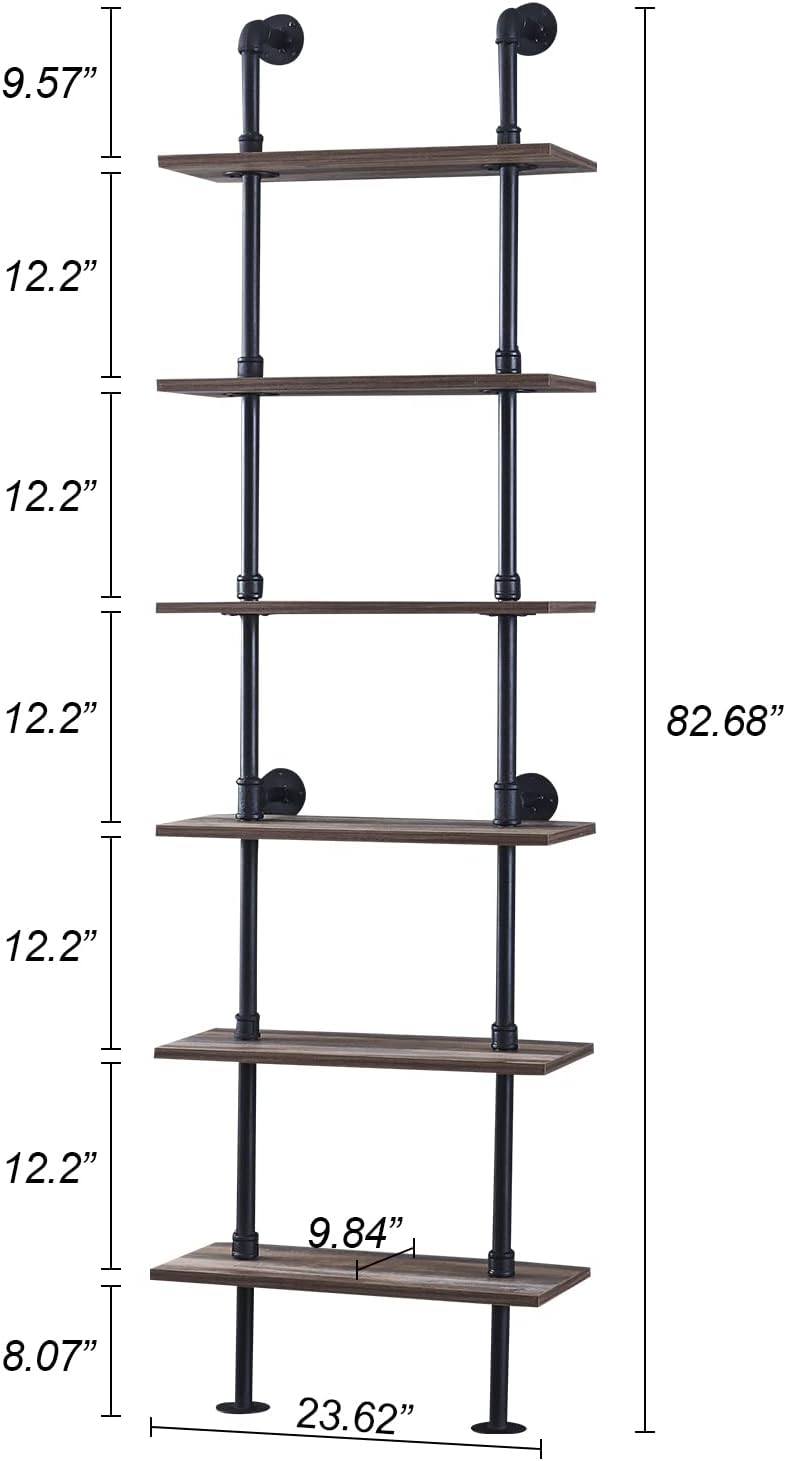 HOMBAZAAR Industrial Pipe Bookshelf,6 Tier Pipe Shelving,Wall Mounted Ladder Shelves with Metal Frame for Home Office,Living Room,Oak Brown