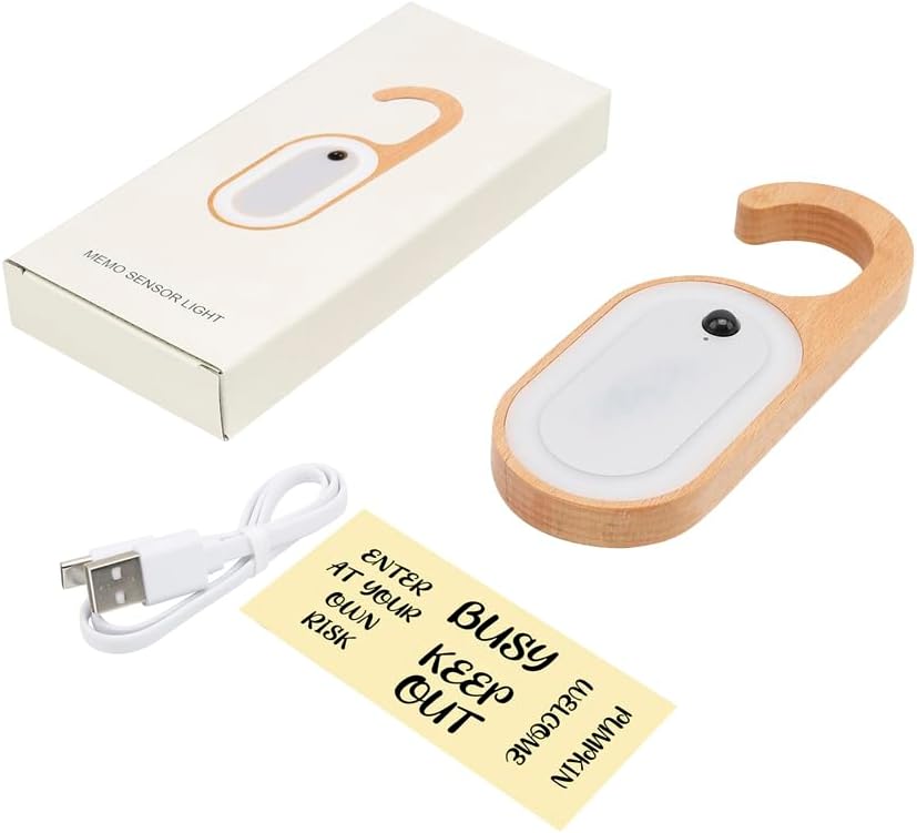 LANDGOO 1-Pack Retro Wooden Door Knob Night Light with Motion Sensor & Message Board, Rechargeable Wall Mount Lamp with Hook, Hotel Style LED Light for Bedroom Bathroom Hallway