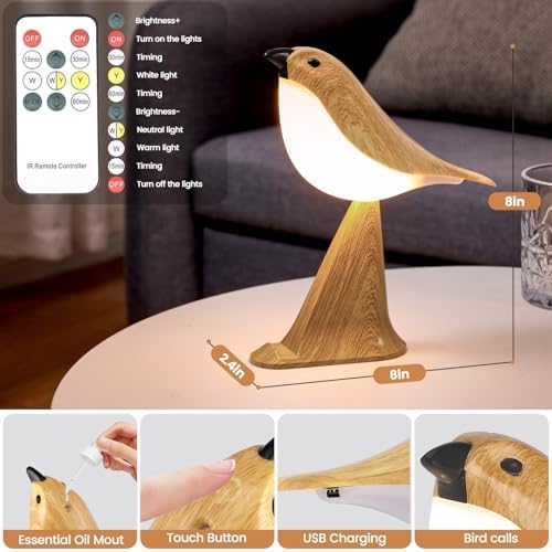 Small Cute Bird Table Lamp with Timer, Touch & Remote Control Bird Night Light, Cordless Bedside Lamps, Desk Lamp for Reading, 3-Way Dimmable USB Rechargeable Battery 2600mAh Nightstand Lamps, Decor