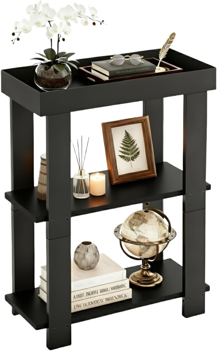 Narrow Side Table Black, 3-Tier Side Table, Rustic Farmhouse Narrow End Table with Storage, Slim Table Nightstand for Small Spaces, Bedroom or Living Room (Black)
