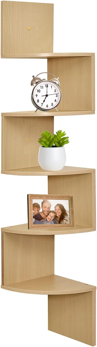 Greenco Corner Shelf, 5 Tier Floating Shelves for Wall - Room Decor Storage Solution for Offices, Bedrooms, Bathrooms, Kitchens, and Dorm Rooms - Home Decor - Natural Finish