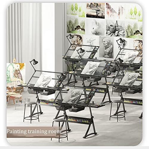 Drawing Tilting Tablet,Drawing Table Glass Drafting Table with Stool, Drawing Desk Art Table 2 Storage Drawers 71-93CM Height Adjustable 0-50° Tilting