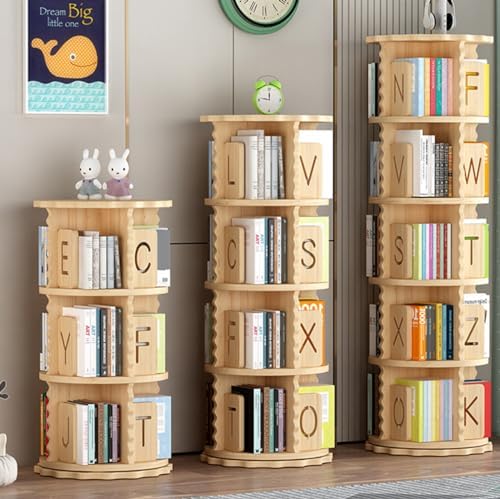 360° Rotating Kids Bookshelf Tower, Solid Wood Revolving Bookcase with Letter Baffle, Space-Saving Storage for Children's Room, Study, Playroom, A6
