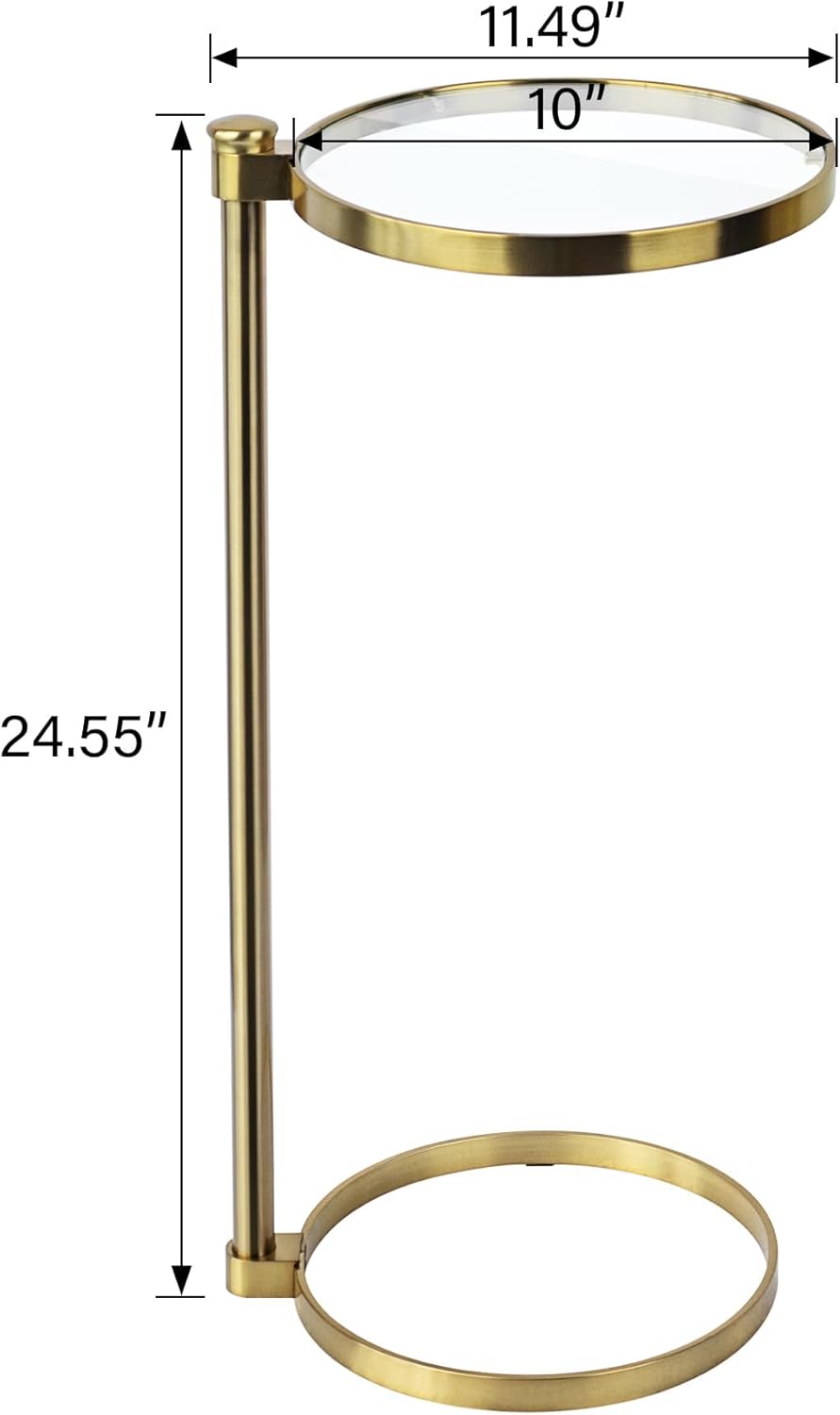 TEHOME Gold Glass Drink Table Metal Martini Round Small Drink Side Table for Couch Tempered Glass C Shaped End Table for Sofa 10" diam,24.55" h