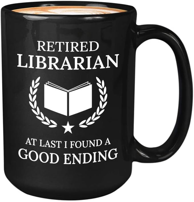 Retirement Coffee Mug 15oz Black - Retired Librarian Good Ending - Funny Retired Vintage Gift For Coworker Grandpa Dad Book Lover Librarian Bookworm Writer Reader