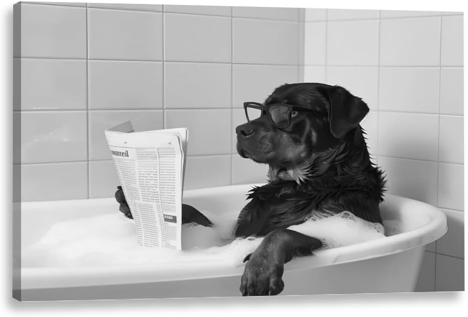 Funny Wall Art Bathroom Wall Decor Rottweiler Dog Reading Newspaper in Bubble Bath Black and White Print Canvas Wall Prints poster Retro Home Office School Library Decor Framed8x12inch