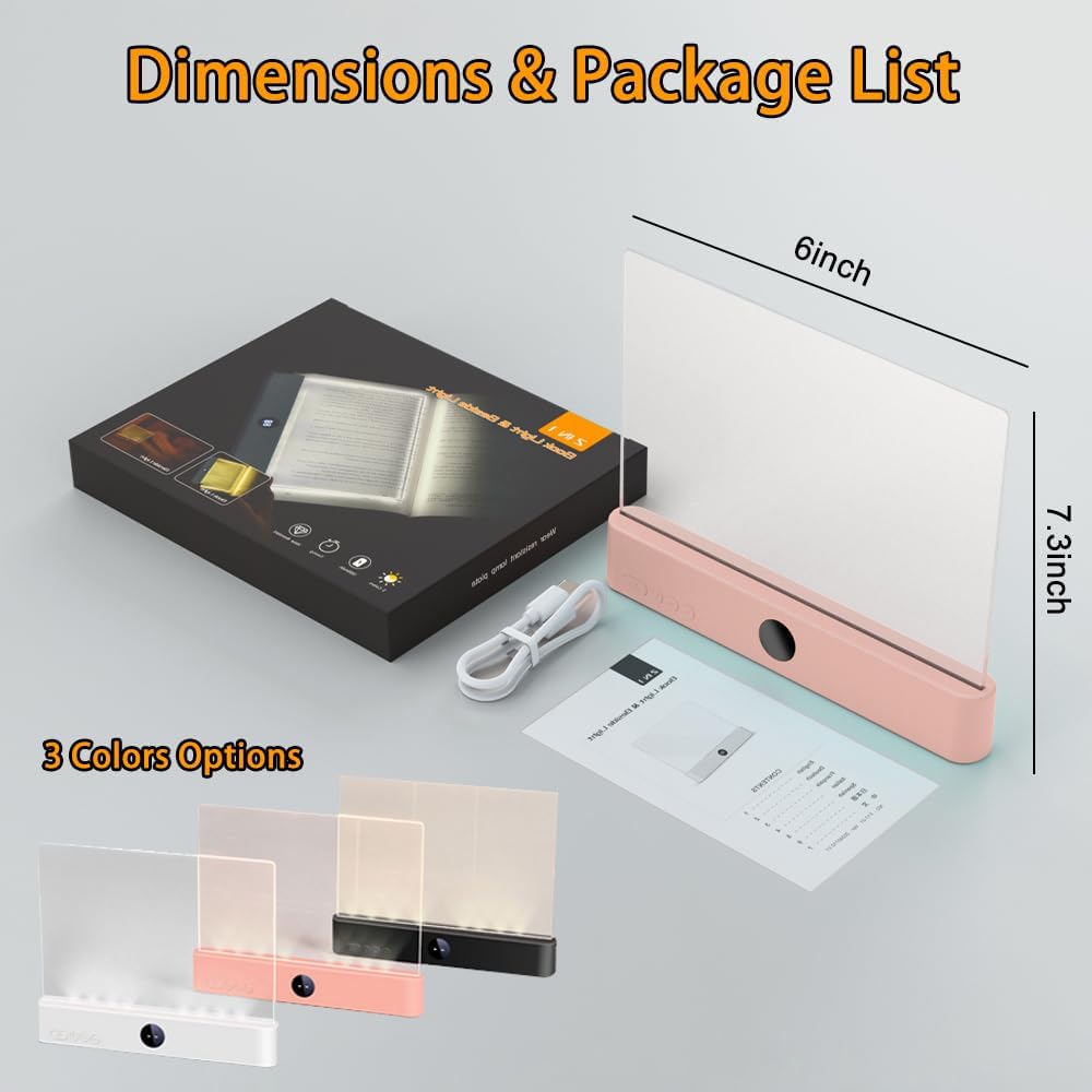Book Light, Rechargeable Clear LED Flat Book Lights for Reading in Bed at Night with Dimmable 3 Colors & Timer, Full Page Panel Plate Lamp, Study Light Gifts for Readers Women Kids Book Lovers (Pink)