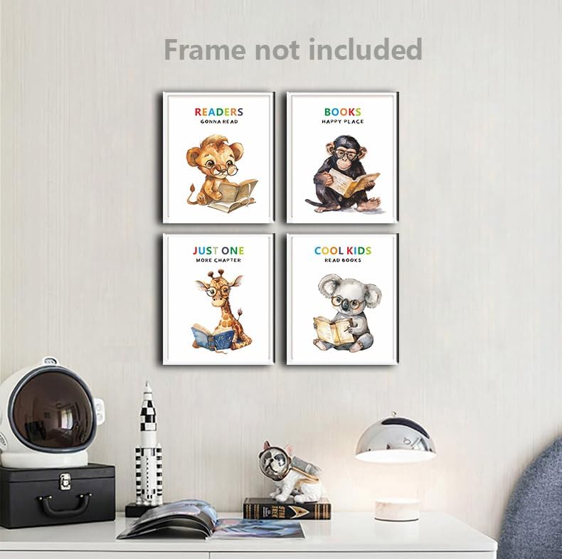 Cute Animal Reading Prints for Kids's Bedroom, Cool Kids Read Books Wall Art Poster | Motivational Quotes Painting Picture Artwork | Preschool Classroom & Library Home Decor 8x10in Unframed Set of 4