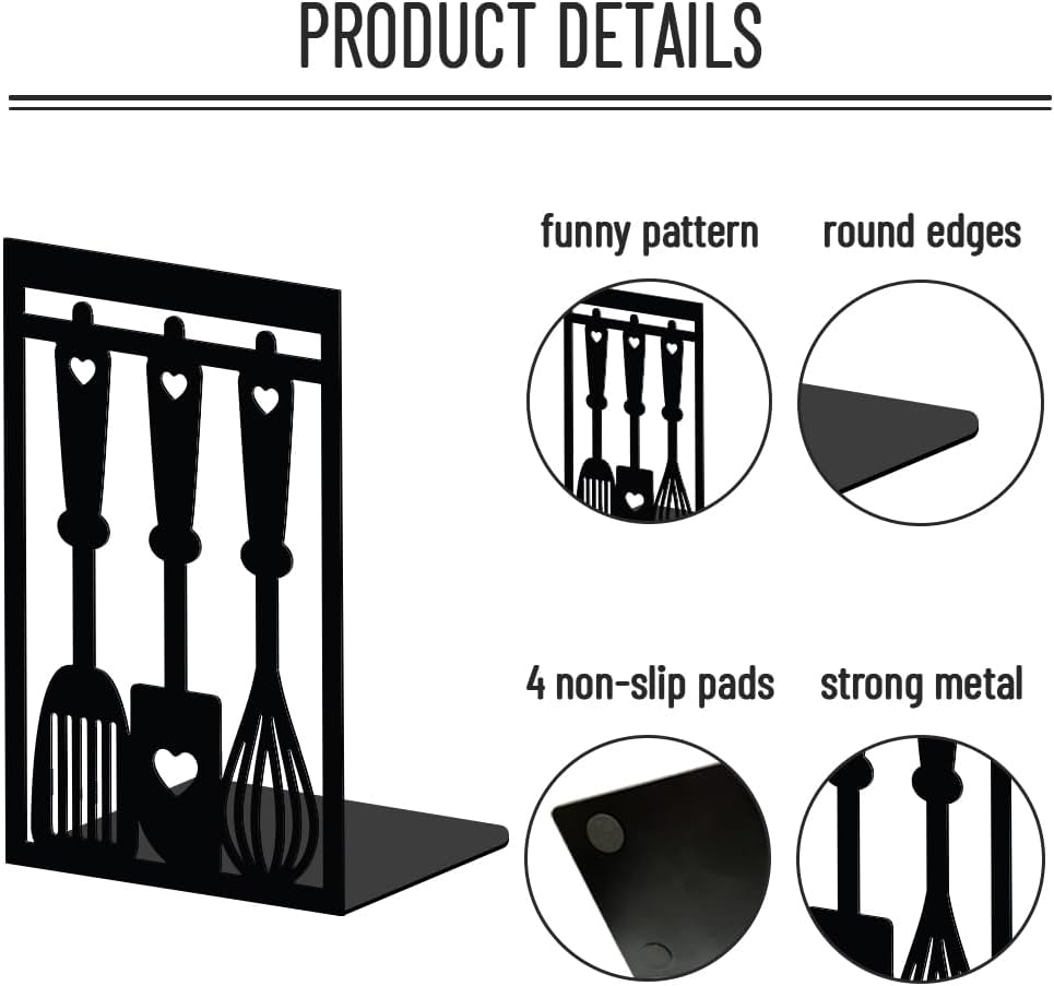 WADORN Kitchen Book Ends, Heavy Duty Decorative Book Ends for Shelves Metal Bookends Stopper Holder Stand Black Non-Skid Book End for Cookbook Cooking Lover Gifts for Desk Bookshelf Office Home