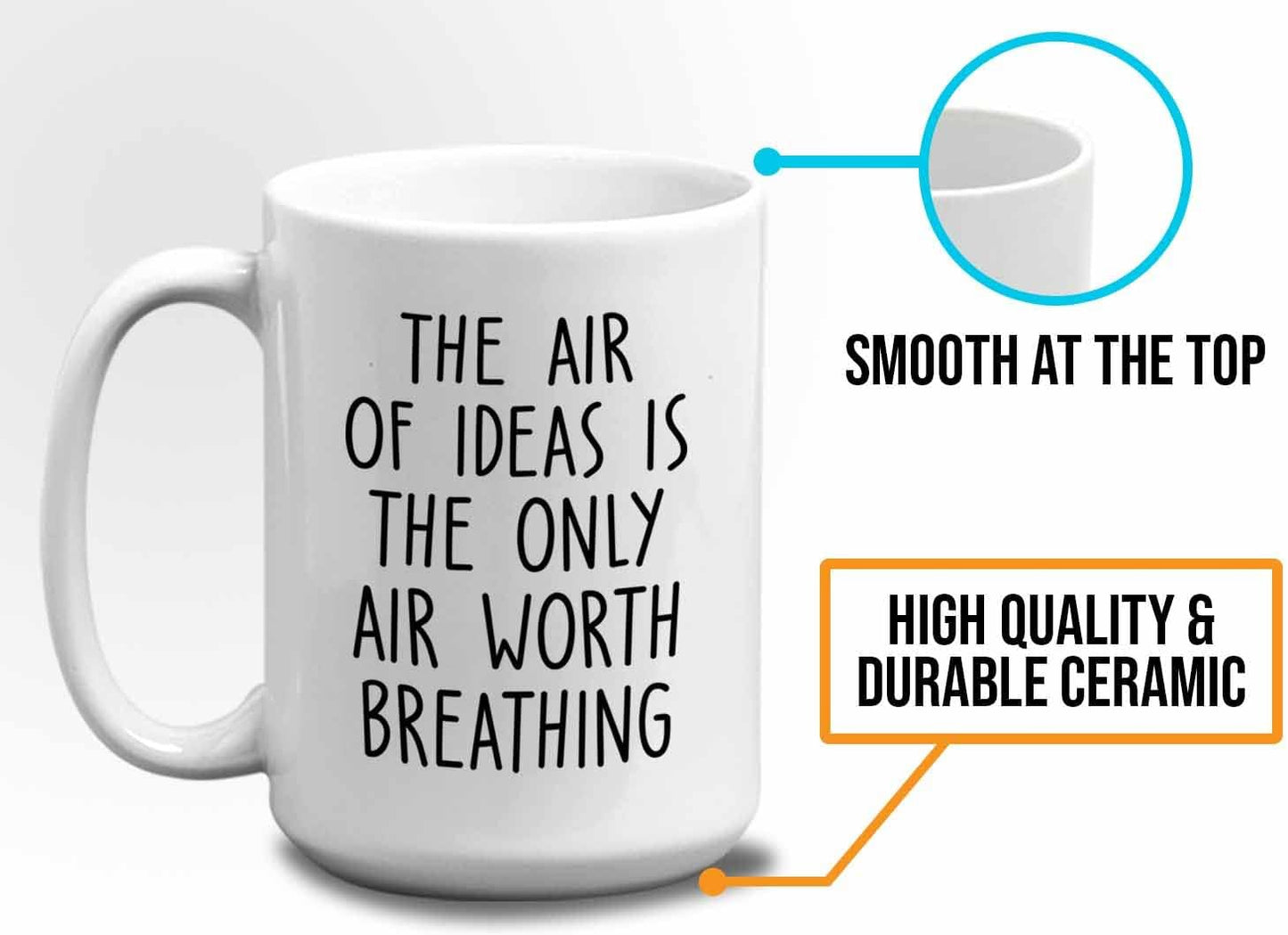Bubble Hugs Writer Coffee Mug 15oz White - The air of ideas is the only air worth breathing - Reading Book Lover for Bookworm Bibliophile Librarians Author Readers Bookish