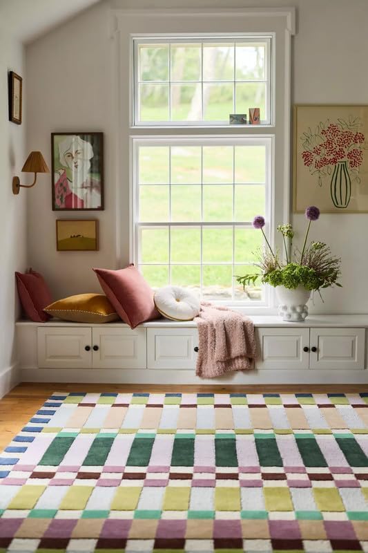 Hand-Tufted Wool Plaid Checkered Area Rug – Modern Geometric Color Block Pattern, Soft Plush Carpet with Cotton Backing for Living Room Bedroom Dining Room Nursery (Blue, 3' x 5')