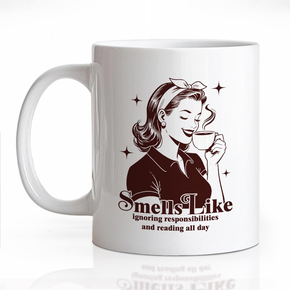 Smells Like Ignoring Responsibilities and Reading All Day Ceramic Coffee Mug for Women, Funny 11oz Vintage Book Mug for Book Lovers, Birthday Gifts for Bookish Readers Librarians Bookworms