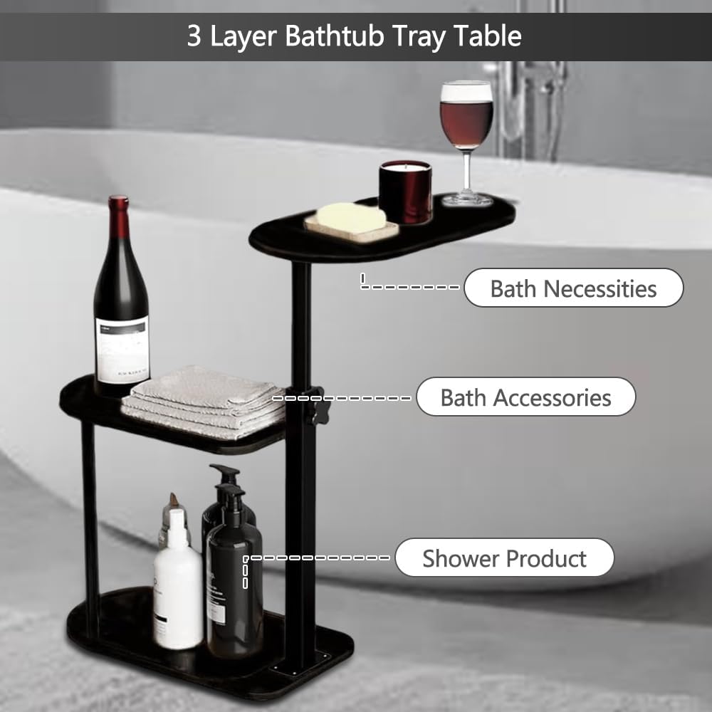 3 Layer Bathtub Tray Table,Bamboo Swivel Bathtub Side Table Height Adjustable,Freestanding Bathtub Tray for Tub Against Wall,Bathtub Accessories&Bathroom Organizer for Luxury Home Spa (Black)