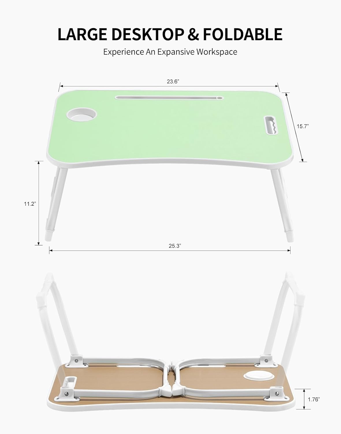 Laptop Bed Desk, Foldable Lap Desk, Portable Lap Table, Laptop Stand with Cup Holder & Tablet Slot & Lifting Handle for Working Writing Drawing & Eating - Green