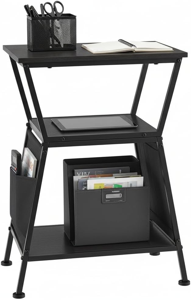 End Table with Storage Bag, Three-Tier Trapezoidal Side Table with Storage Bag, Corner Table Sofa End Table for Living Room Bedroom