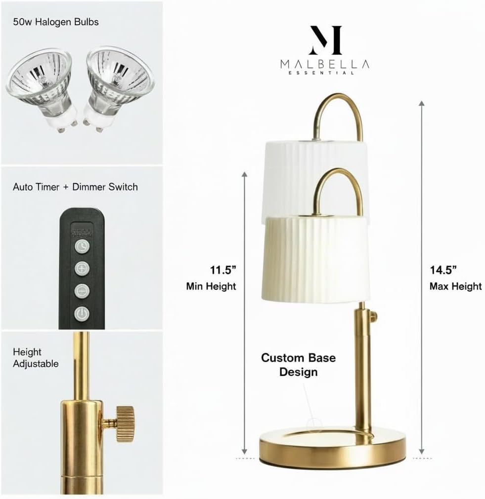 Dimmable Glass Candle Warmer Lamp with Timer - Adjustable Height Candle Lamp Warmer with Timer (8H/4H/2H) - Wax Melter - Ideal Gift, fits Various Size Scented Candles - 02 Bulb - (Gold Metal)