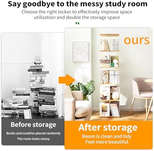 360° Rotating Bamboo Bookshelf Tower - 4-Tier Vertical Spinning Bookcase Stylish Wood Storage Display Rack for Living Room Office and Home Décor