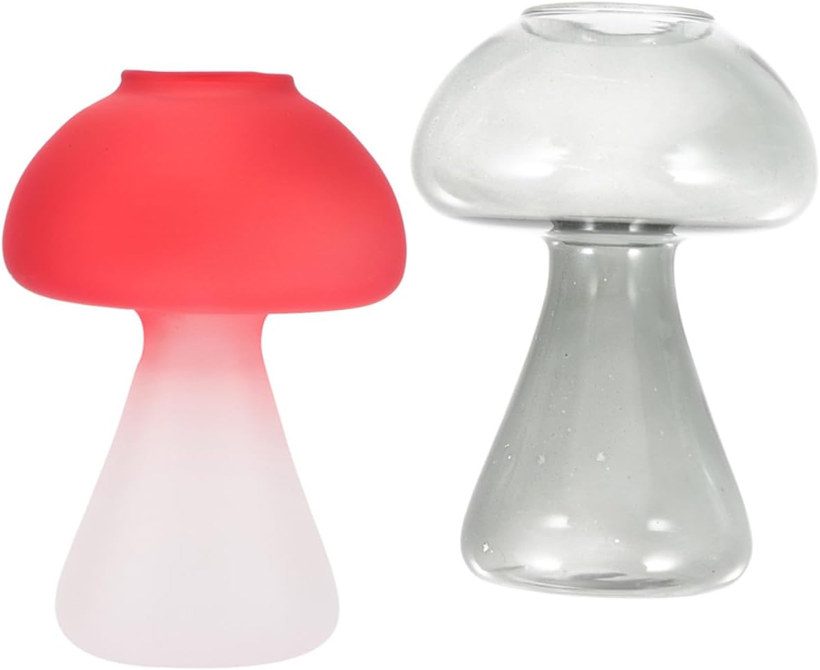 2pcs Mushroom Shaped Glass Flower Vases, Colored Frosted Red and Gray Hydroponic Bud Containers for Home Decor and Table Centerpiece