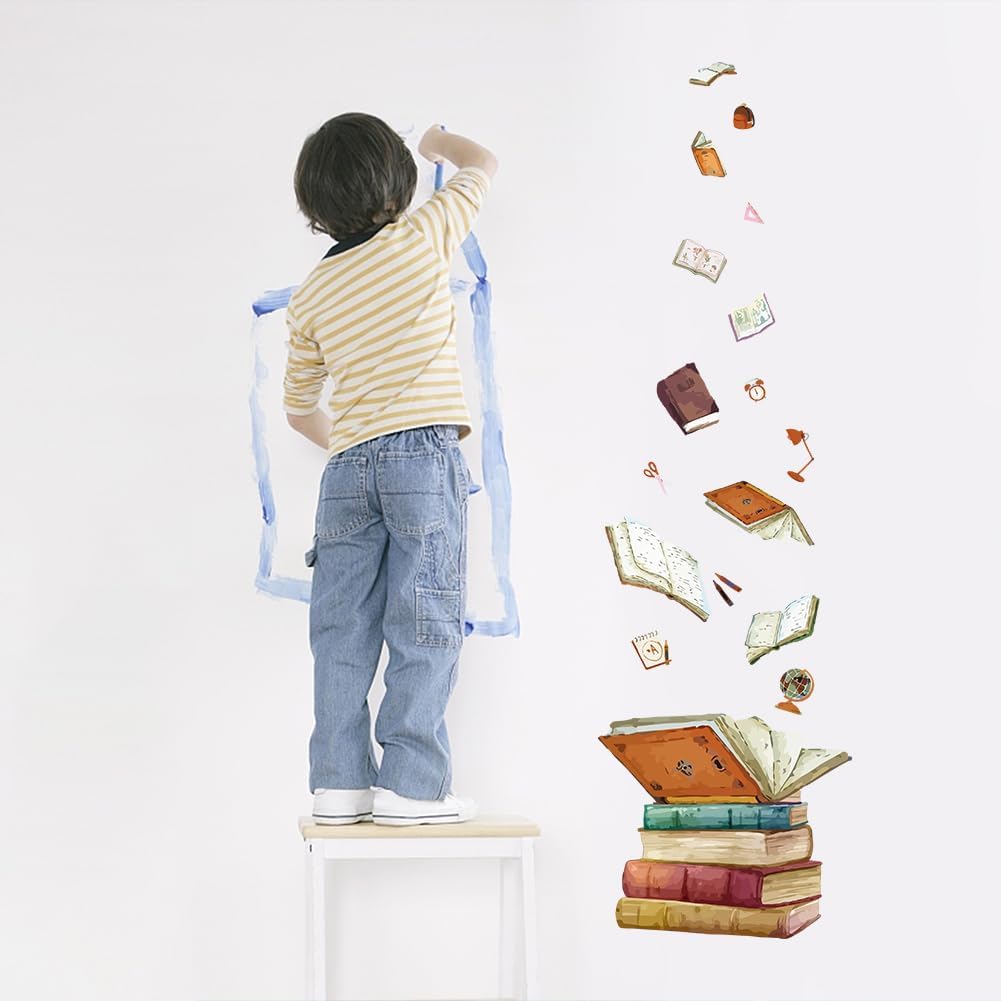 SUPERDANT Magic Book Wall Decals Stickers with Flying Book School Bag Scissors for Bedroom Wall Mural Ruler Globe Decor for Library Reading Room Classroom Wallpaper Decor Birthday Gift Back to School