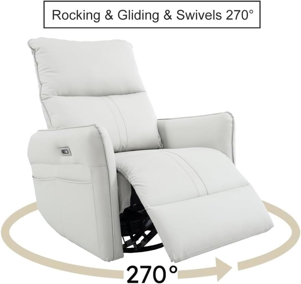 Oversized Power Swivel Glider Rocker Recliner, Electric Nursery Glider Chair with USB Ports, Modern Leather Home Theater Seating for Living Room, Comfort Lazy Sofa