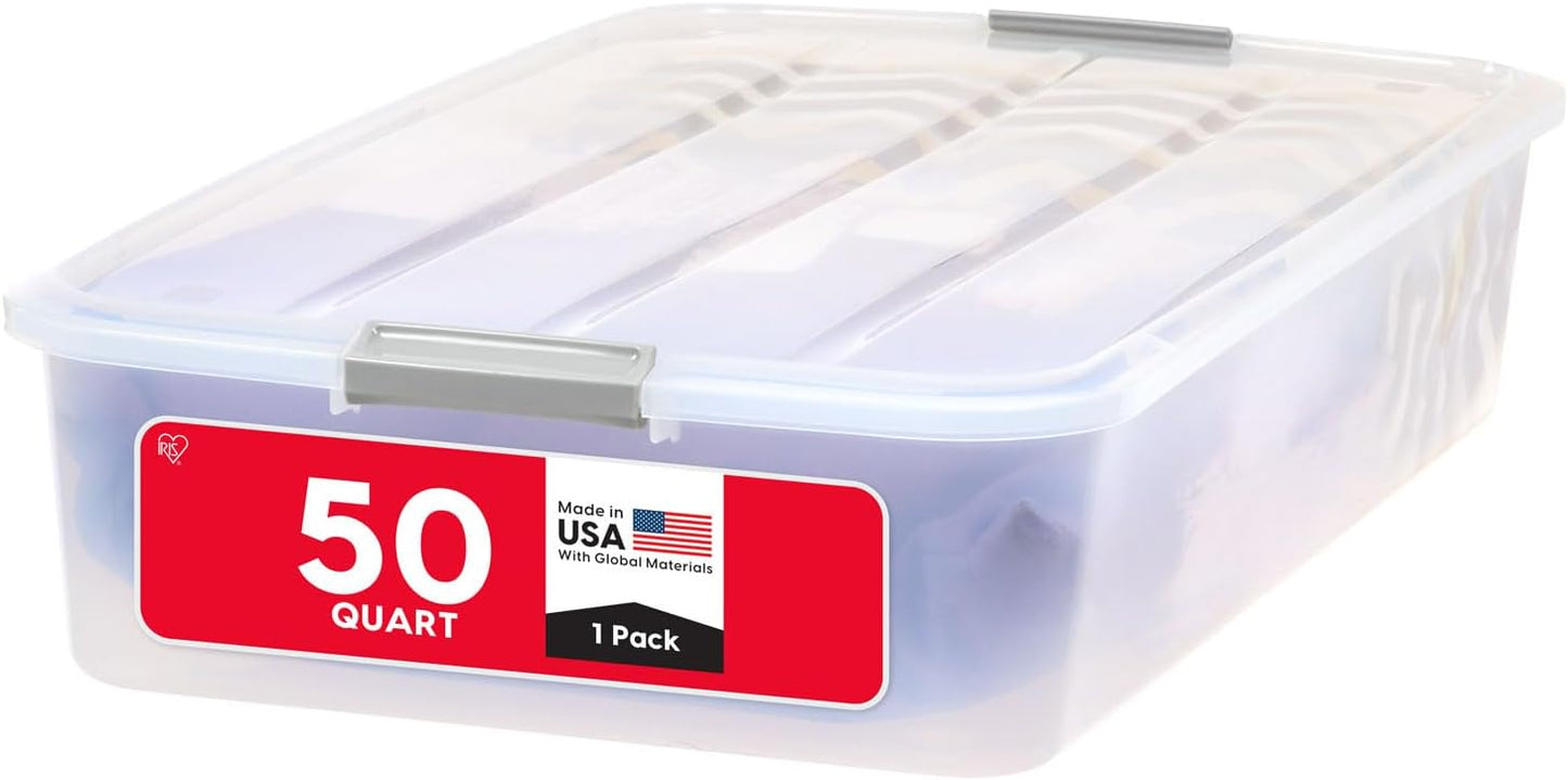 IRIS USA 50 Qt Plastic Under Bed Storage Organizer Bin Container with Secure Lids and Durable Black Buckles, Multi-Purpose for Clothes Shoes Clothing Bedding, Long, Clear