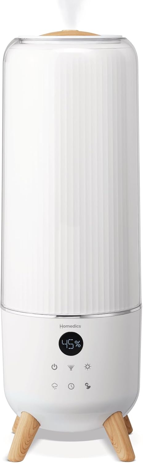 Homedics Ultrasonic Humidifier - Large Deluxe Air Humidifiers for Bedroom, Plants, Office - Top-Fill 1.47-Gallon Tank, Cool Mist, Essential Oil Pads and Built-In Timer, 3 Speed Settings, White