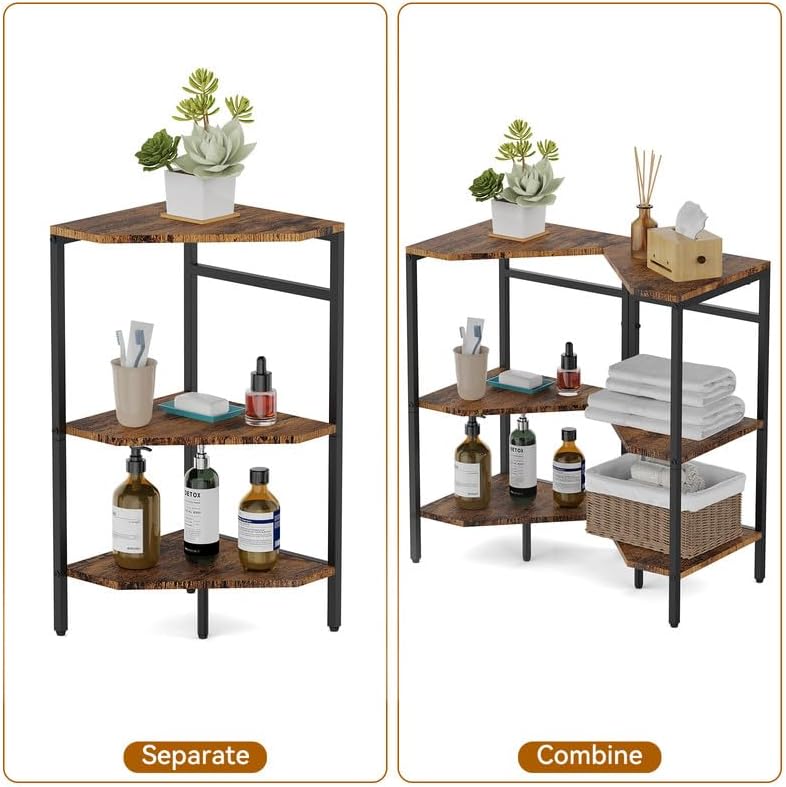 CADUKE Pedestal Sink Storage, 2 Pack Under Sink Organizer Shelf Bathroom Under Vanity Storage Shelf for Small Space, Bathroom Organizers Rack Stand 3 Tier Wooden Corner Shelves, Rustic Brown