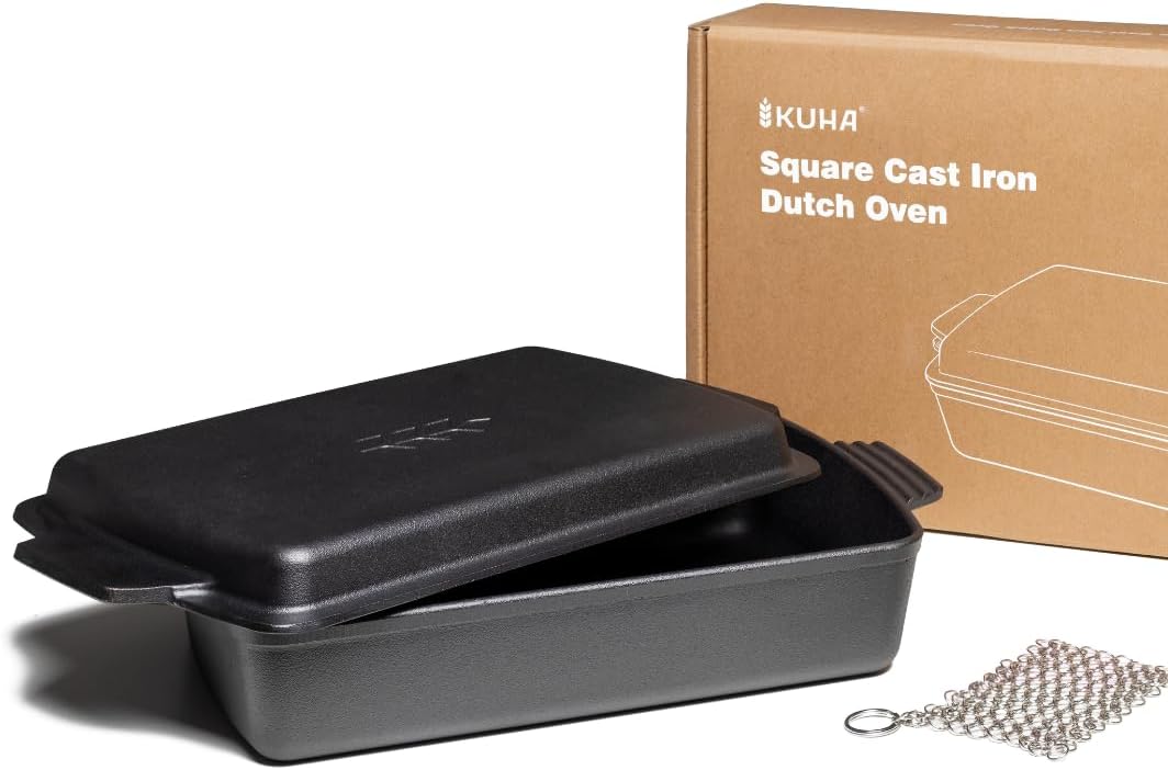KUHA Square Cast Iron Dutch Oven 2-in-1 | Pre-Seasoned Cast Iron Cookware | Skillet Lid & Casserole Dish | For Baking, Roasting & Grilling | Chainmail Scrubber Included | 13" x 9", 6 QT