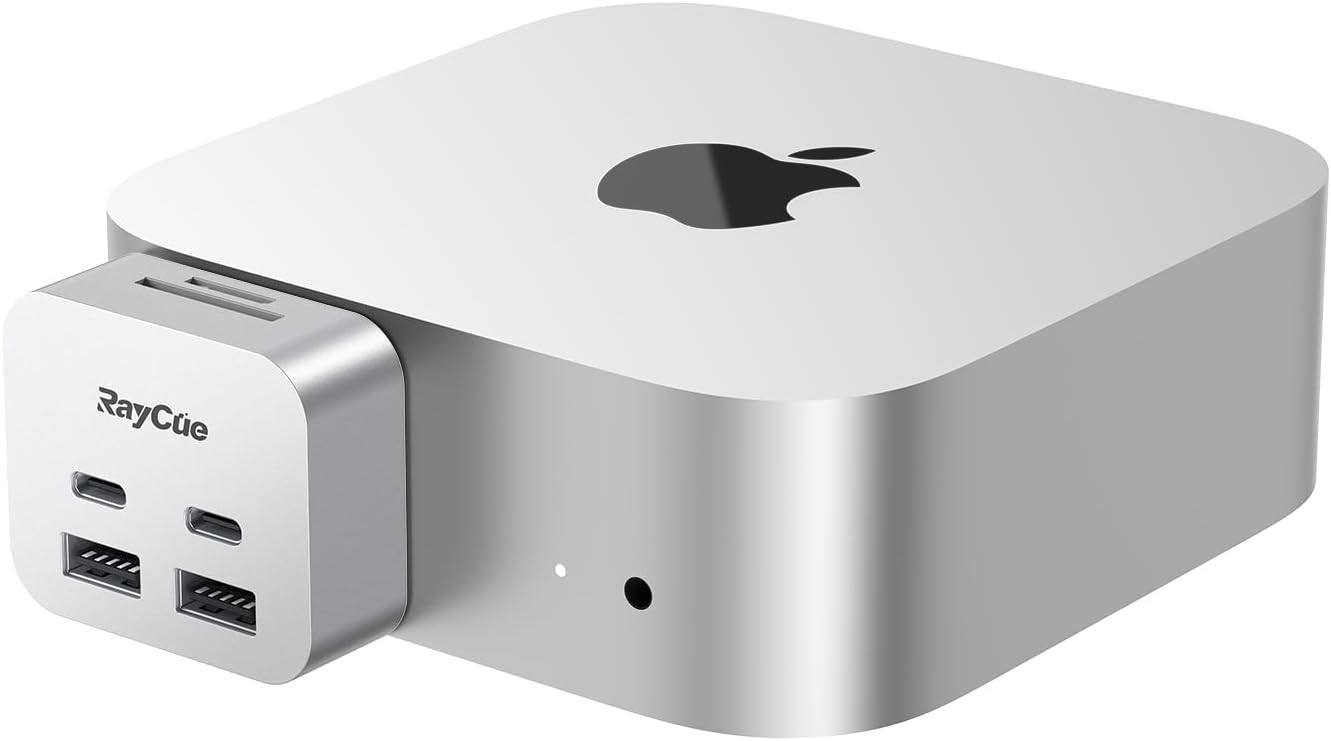 RayCue MiniPack Expansion Dock for Mac mini M4 | 6-Port USB-C Hub with Dual 10Gbps Adapters, 2 * 10G USB-C/ 2 * 10G USB-A/SD TF 3.0 Card Reader | High-Speed Data Transfer & Multi-Device Connectivity