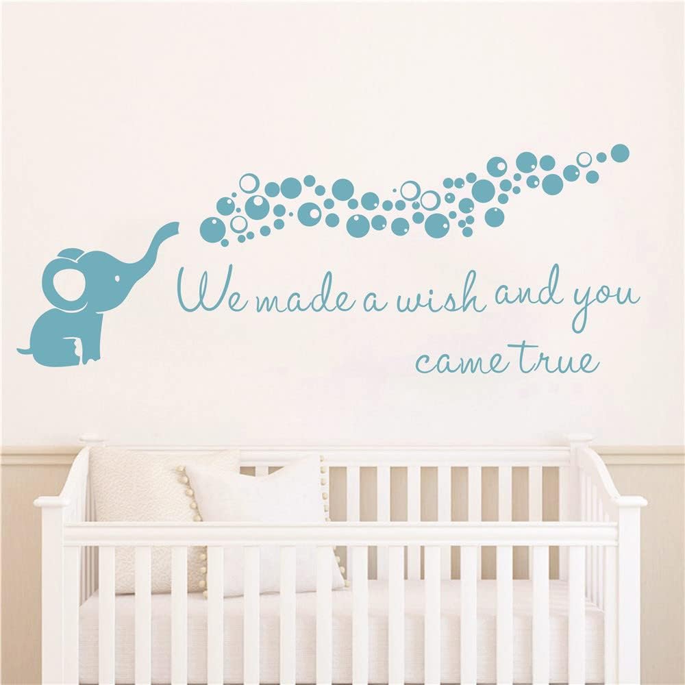 Home Nursery Room Wall Decor Sticker Baby Elephant Blowing Bubble Wall Sticker Vinyl Wall Decal Quotes We Made a Wish and You Came True Kids Bedroom Wall Mural AFN100 (Teal Green)