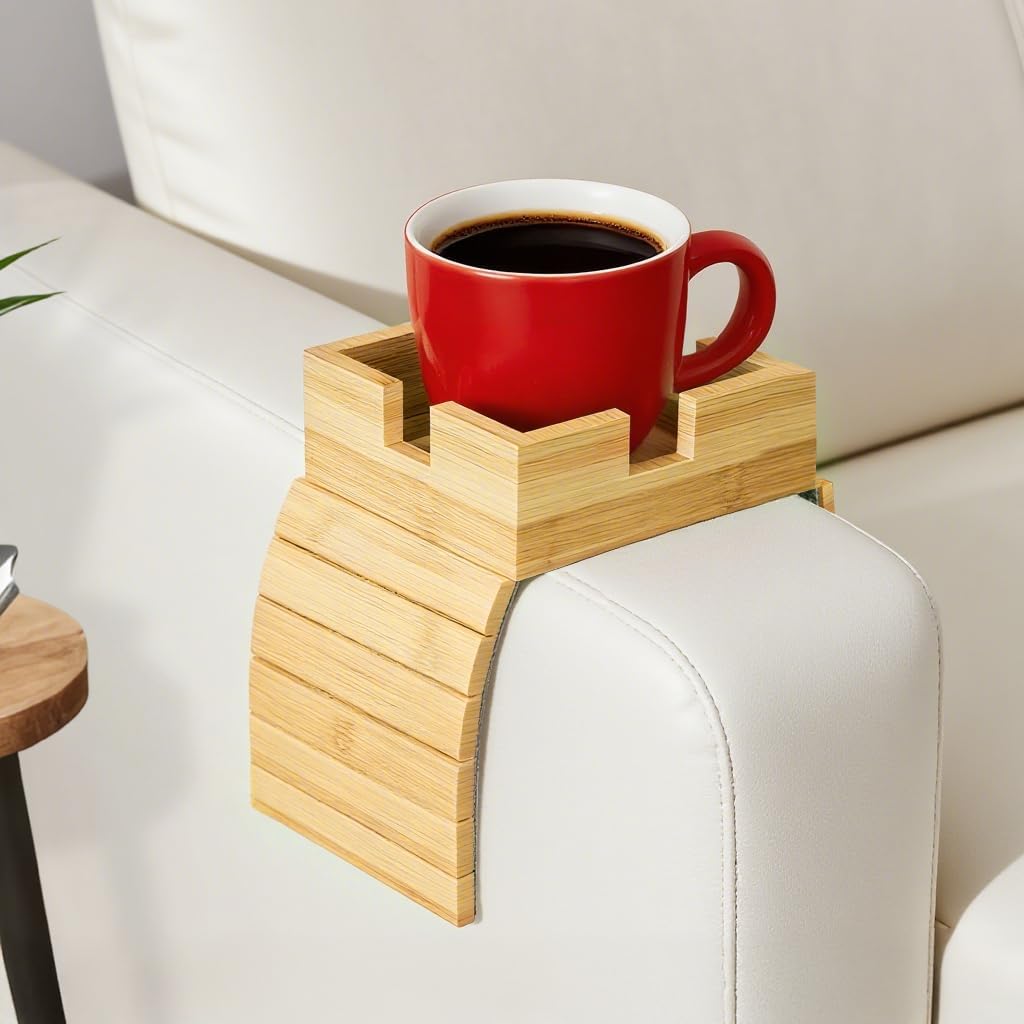 Bamboo Couch Cup Holder & Armrest Tray - Extend Your Comfort with a Secure Drink Slot and Snack Space for Recliner, Loveseat, or Sofa (Large)