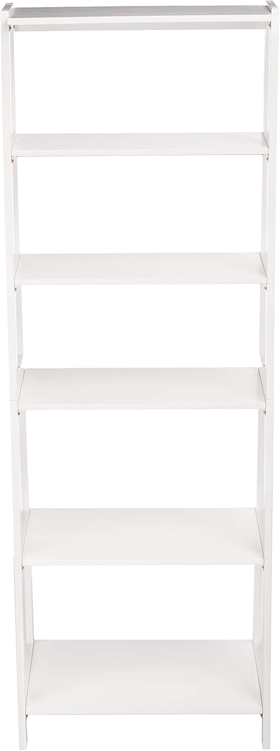 Amazon Basics 5-Tier Sturdy Rubberwood Ladder Bookshelf, Freestanding Storage Organizer Bookcase, Display Shelf for Small Space, White, 25.98" W x 74.48" H x 15.03" D